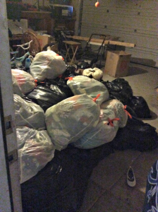 Only some of the bags of clothes Richardson has collected for the clothing exchange. 