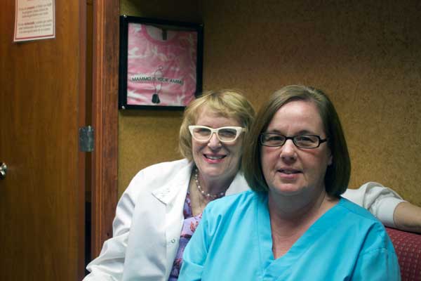 Jon Johnson Photo/Gila Valley Central: MOM technologist Kristina Krause, left, and employee Rise Ashcraft encourage women ages 30 and up to have an annual mammogram.