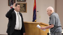 Eric Burk Photo/Gila Valley Central: On Jan. 9 2017, Dick Bingham swears in his grandson, Chris Taylor, to the Safford City Council