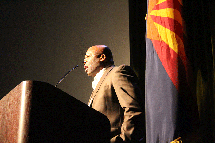 Brooke Curley Photo/ Gila Valley Central: The celebration's keynote speaker, Andre Anderson, gave a speech highlighting Dr. Martin Luther King's legacy, while also asking the audience what steps they plan to make to encourage equality. 