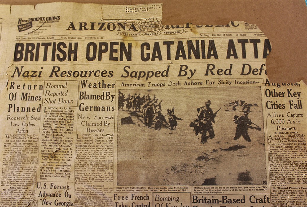 Brooke Curley Photo/ Gila Valley Central: Saved from the fire by Chief Payne, this newspaper from July 1943. The photo in the paper of the U.S forces storming the beach is one of the first to be released depicting the event. If one looks closely, they can see the original paper subscribers to be Mr and Mrs. George A Pearson of Thatcher. 